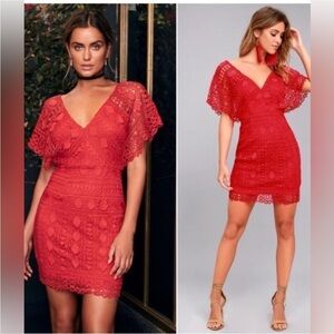 Lulu's Red Lace V-Neck Flutter Sleeve Mini Dress